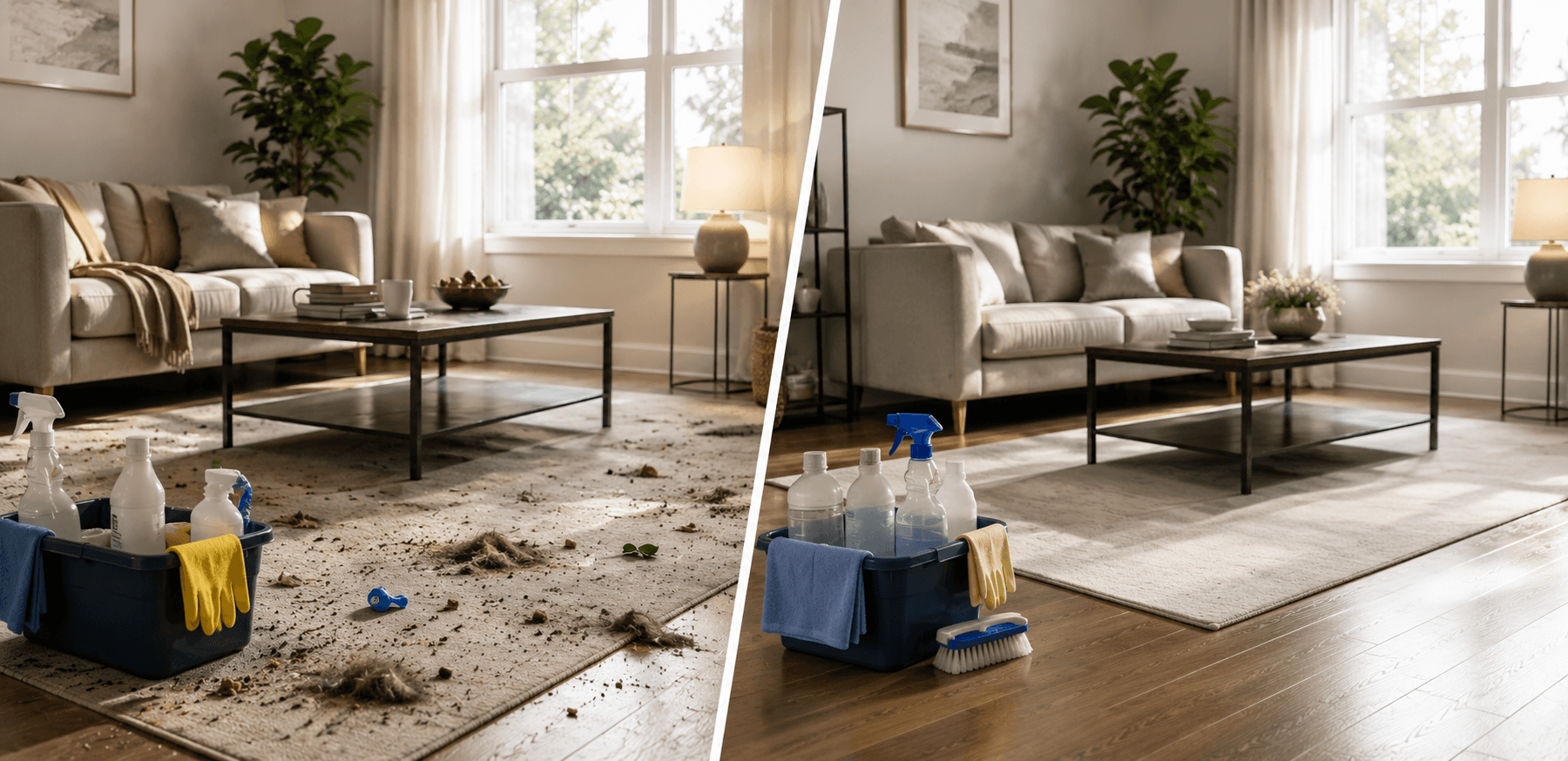 Split-screen before-and-after of a living room rug, cluttered with debris on one side and spotless on the other