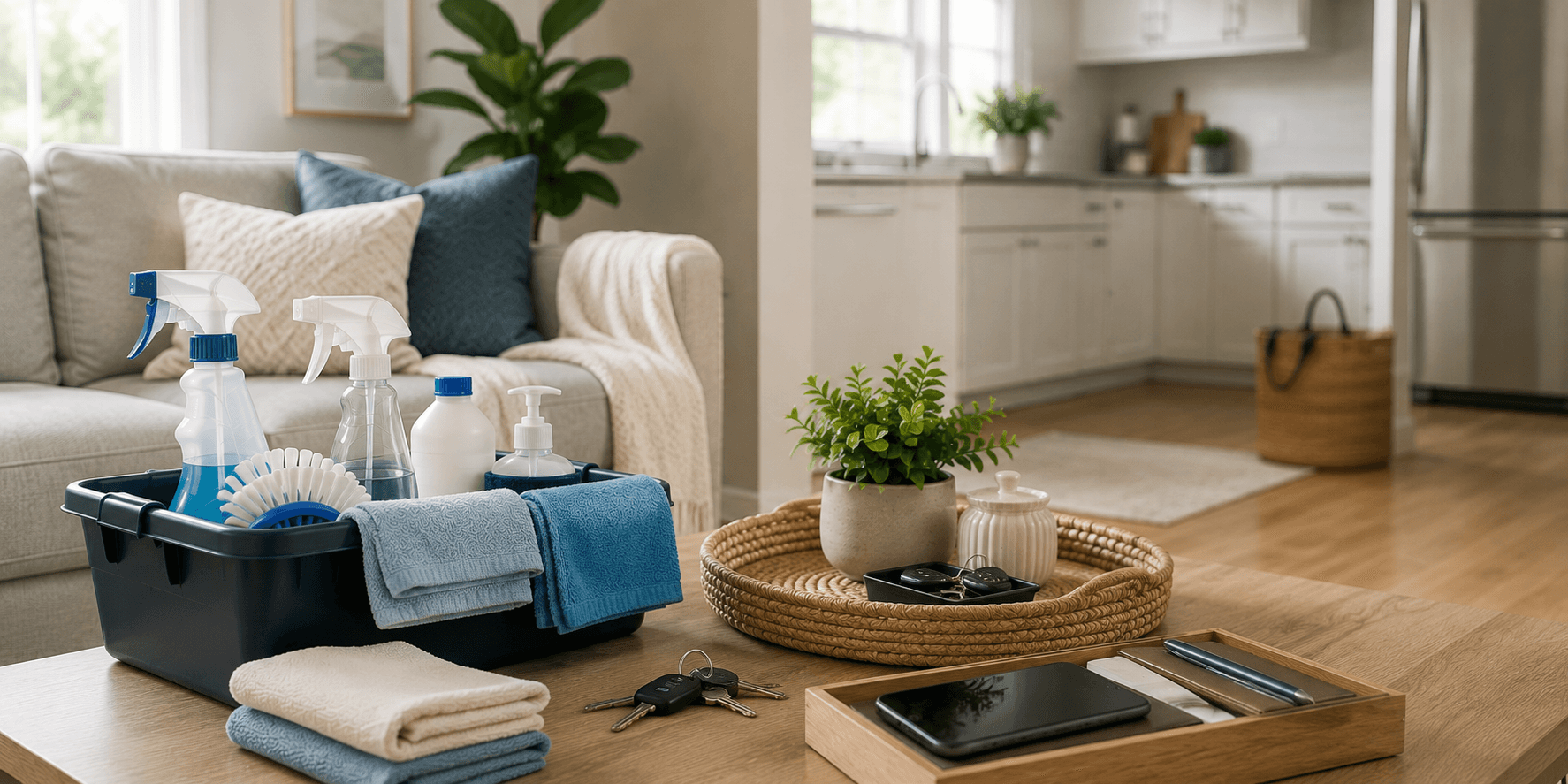 A cleaning caddy on a coffee table next to a set of keys, a phone, and a notepad set aside before a cleaner's visit