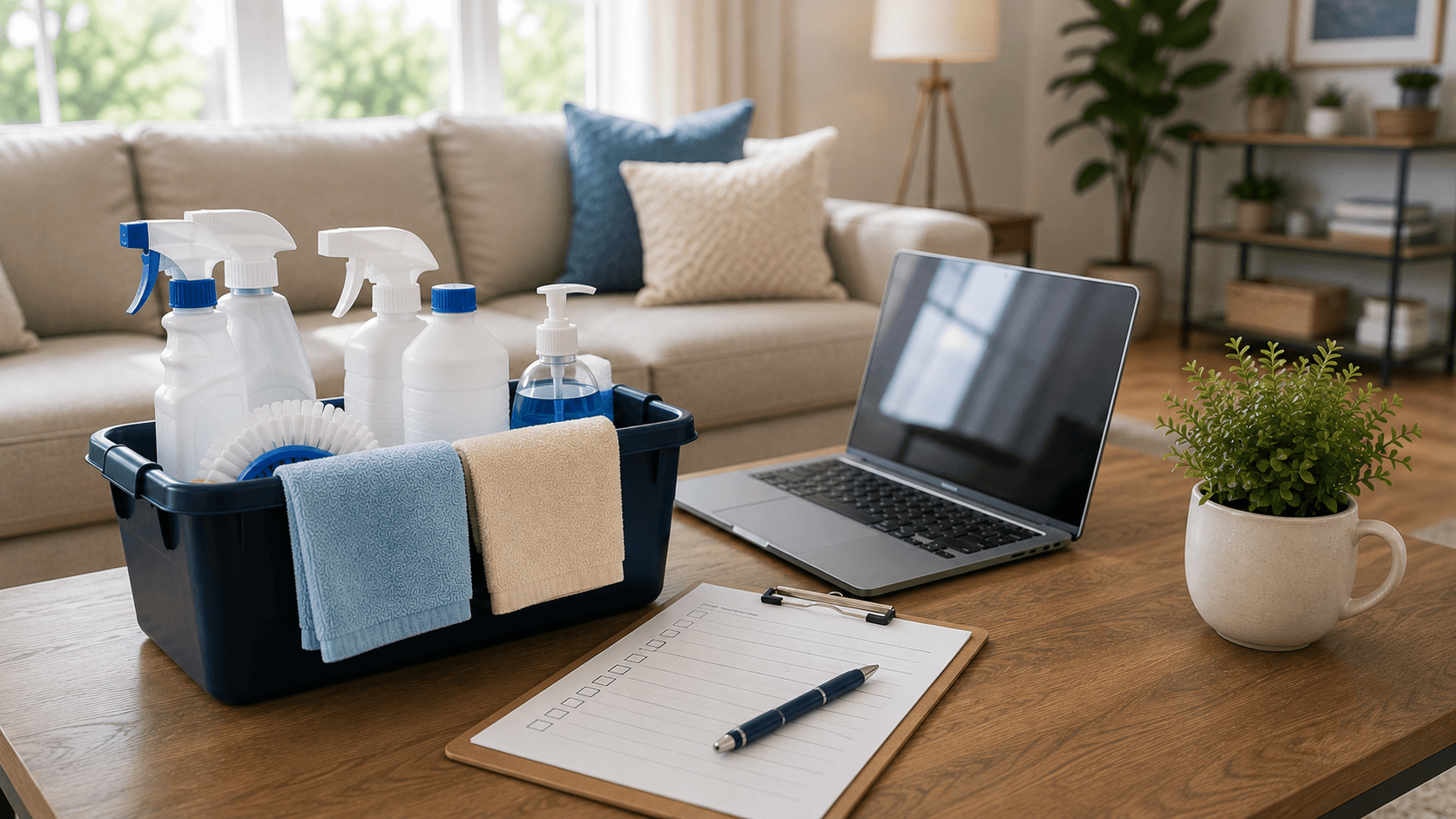 An open laptop and a clipboard checklist beside a stocked cleaning caddy on a living room coffee table