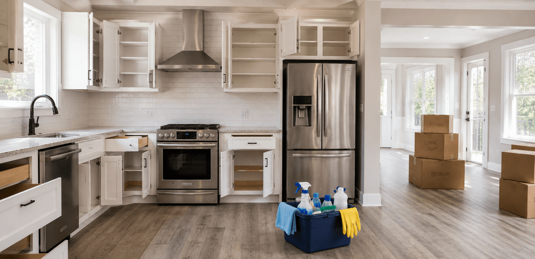 Kitchen with cabinet doors and drawers left open and empty, cleaning caddy on the floor and moving boxes in the next room