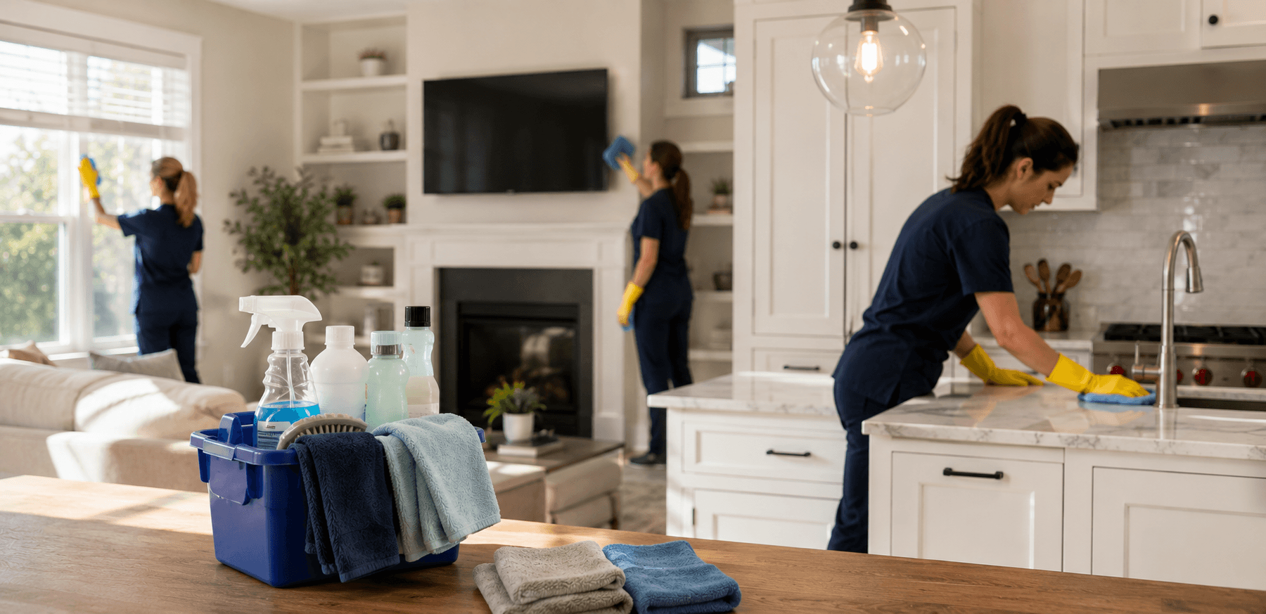 Three uniformed cleaners working through a living room and kitchen at once, with a caddy of cleaning towels in the foreground